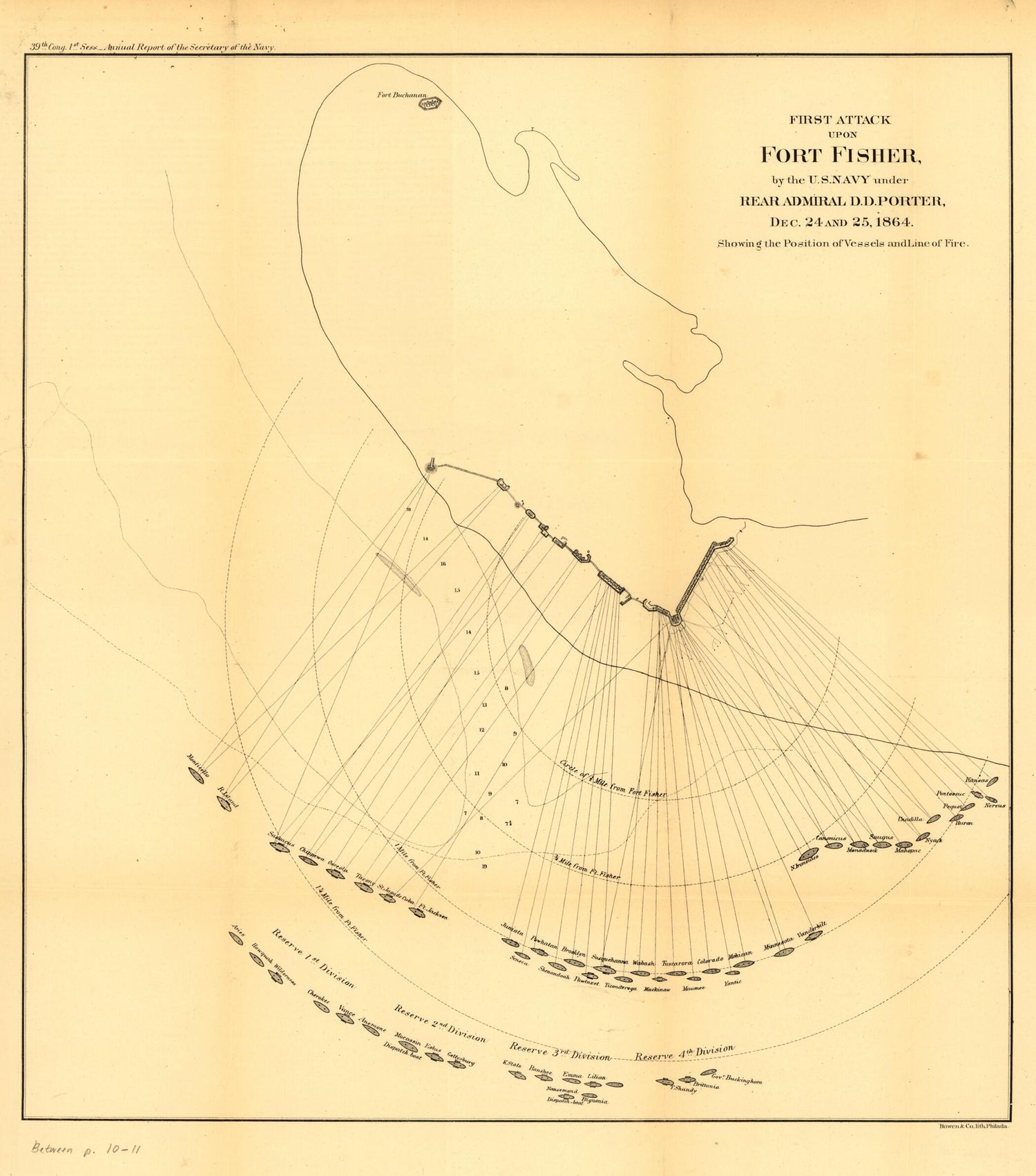 This old map of First Attack Upon Fort Fisher, by the U.S. Navy Under Rear Admiral D. D. Porter, Dec. 24 and 25, 1864. Showing the Position of Vessels and Line of Fire from 1865 was created by  United States. Navy in 1865