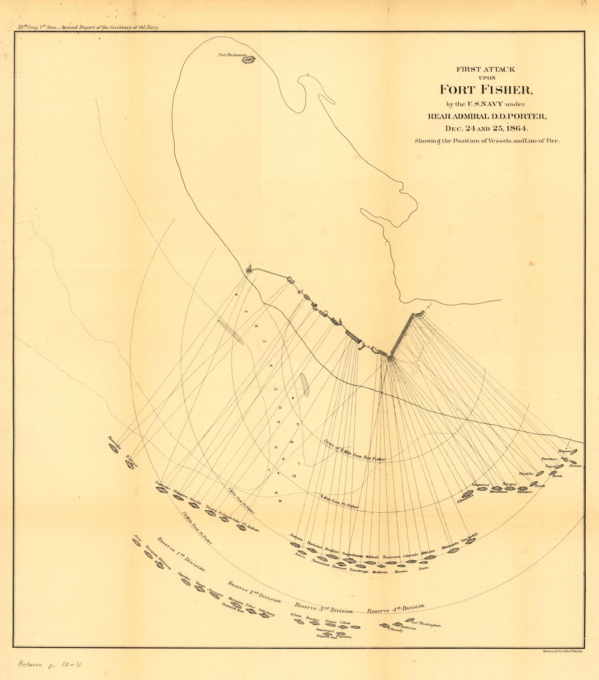 This old map of First Attack Upon Fort Fisher, by the U.S. Navy Under Rear Admiral D. D. Porter, Dec. 24 and 25, 1864. Showing the Position of Vessels and Line of Fire from 1865 was created by  United States. Navy in 1865