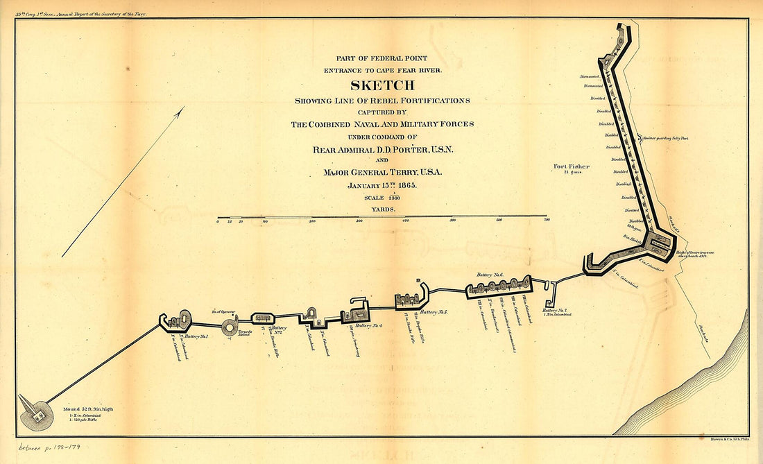 This old map of Part of Federal Point Entrance to Cape Fear River. Sketch Showing Line of Rebel Forifications Captured by the Combined Naval and Military Forces from 1865 was created by  United States. Navy in 1865