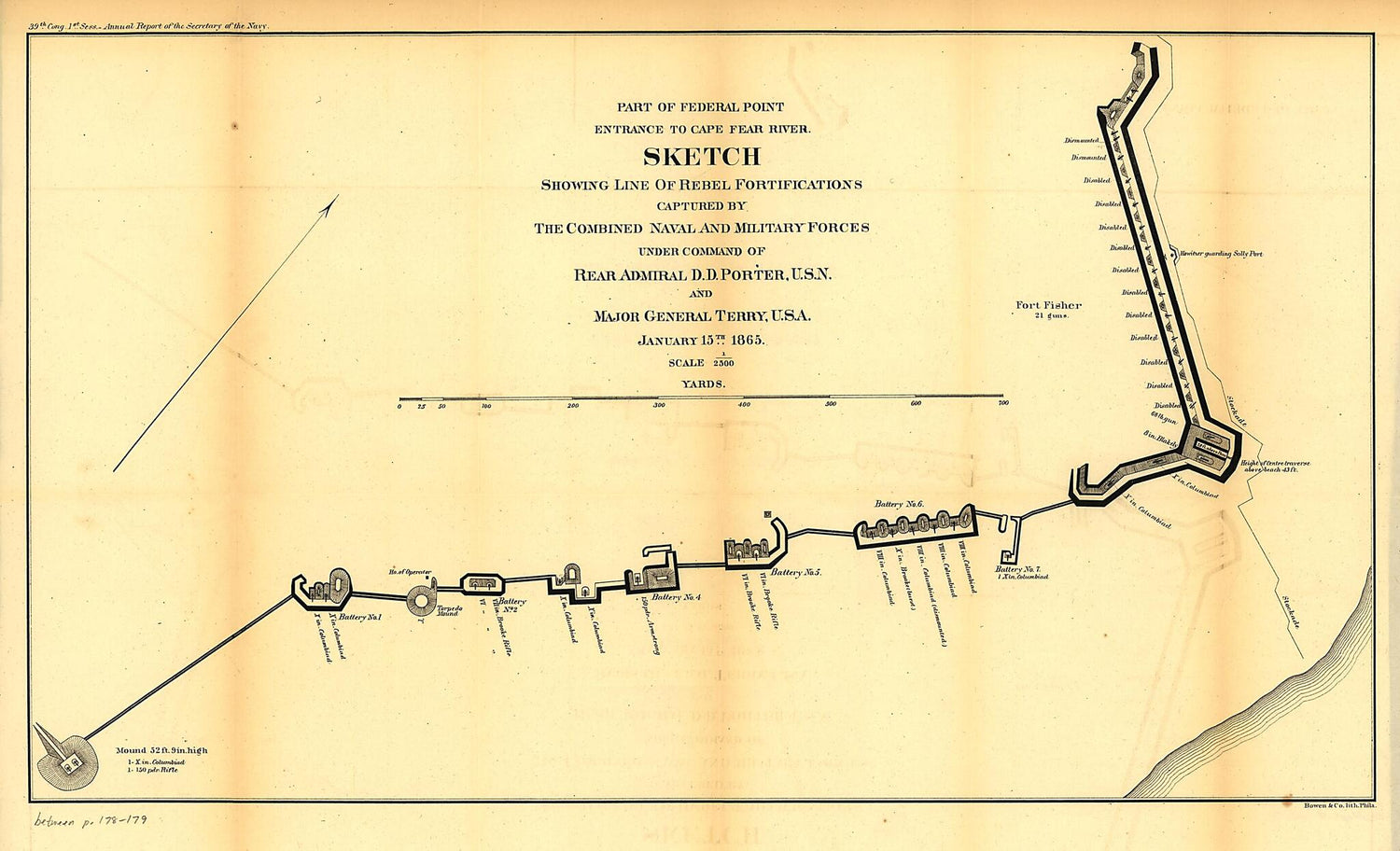 This old map of Part of Federal Point Entrance to Cape Fear River. Sketch Showing Line of Rebel Forifications Captured by the Combined Naval and Military Forces from 1865 was created by  United States. Navy in 1865