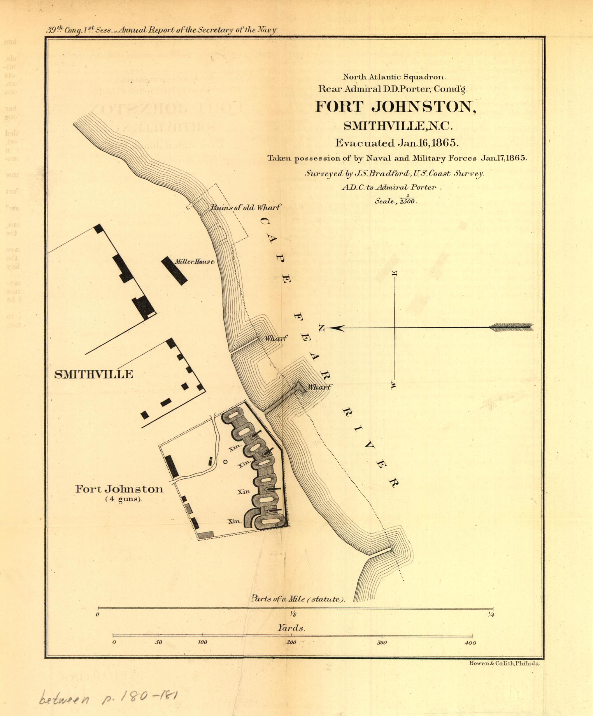 This old map of Fort Johnston, Smithville, N.C. Evacuated Jan 16, from 1865. Taken Possession of by Naval and Military Forces Jan. 17, from 1865 was created by J. S. Bradford in 1865