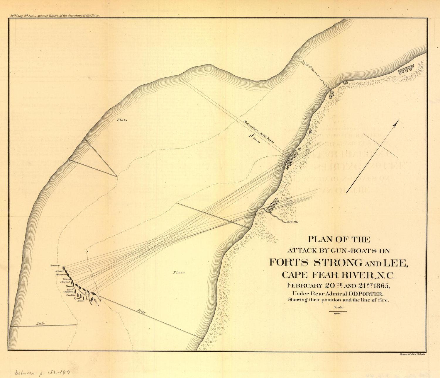 This old map of Boats On Forts Strong and Lee, Cape Fear River, N.C. February 20th and 21st from 1865 was created by  United States. Navy in 1865