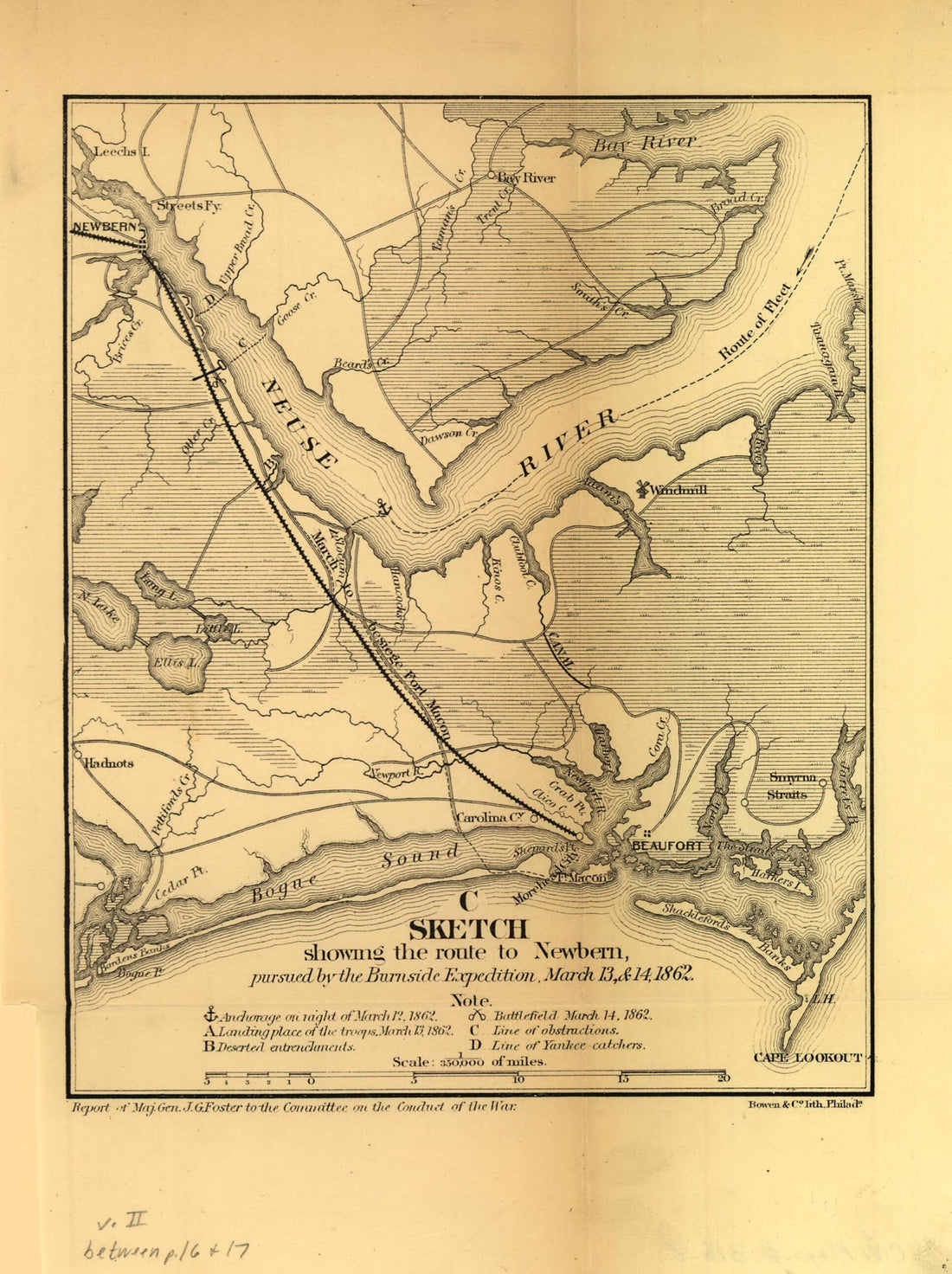 This old map of Sketch Showing the Route to Newbern, Pursued by the Burnside Expedition, March 13 &amp; 14, 1862 from 1866 was created by John G. (John Gray) Foster in 1866