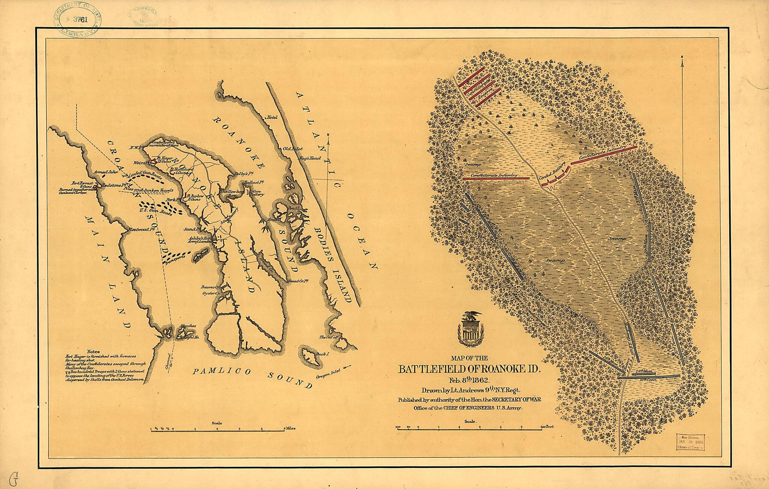 This old map of Map of the Battlefield of Roanoke Id. Feb. 8th from 1862 was created by William S. Andrews in 1862