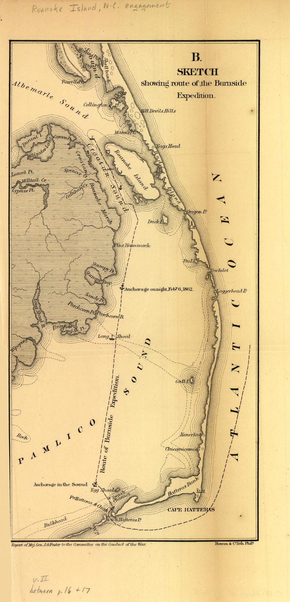 This old map of Sketch Showing Route of the Burnside Expedition to Roanoke Island, N.C., February 6, from 1862 was created by John G. (John Gray) Foster in 1862