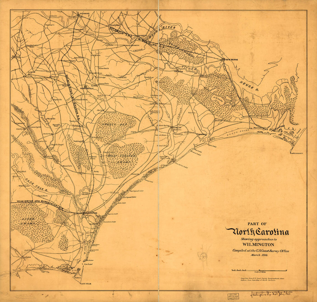 This old map of Part of North Carolina Showing Approaches to Wilmington from 1864 was created by  United States Coast Survey in 1864