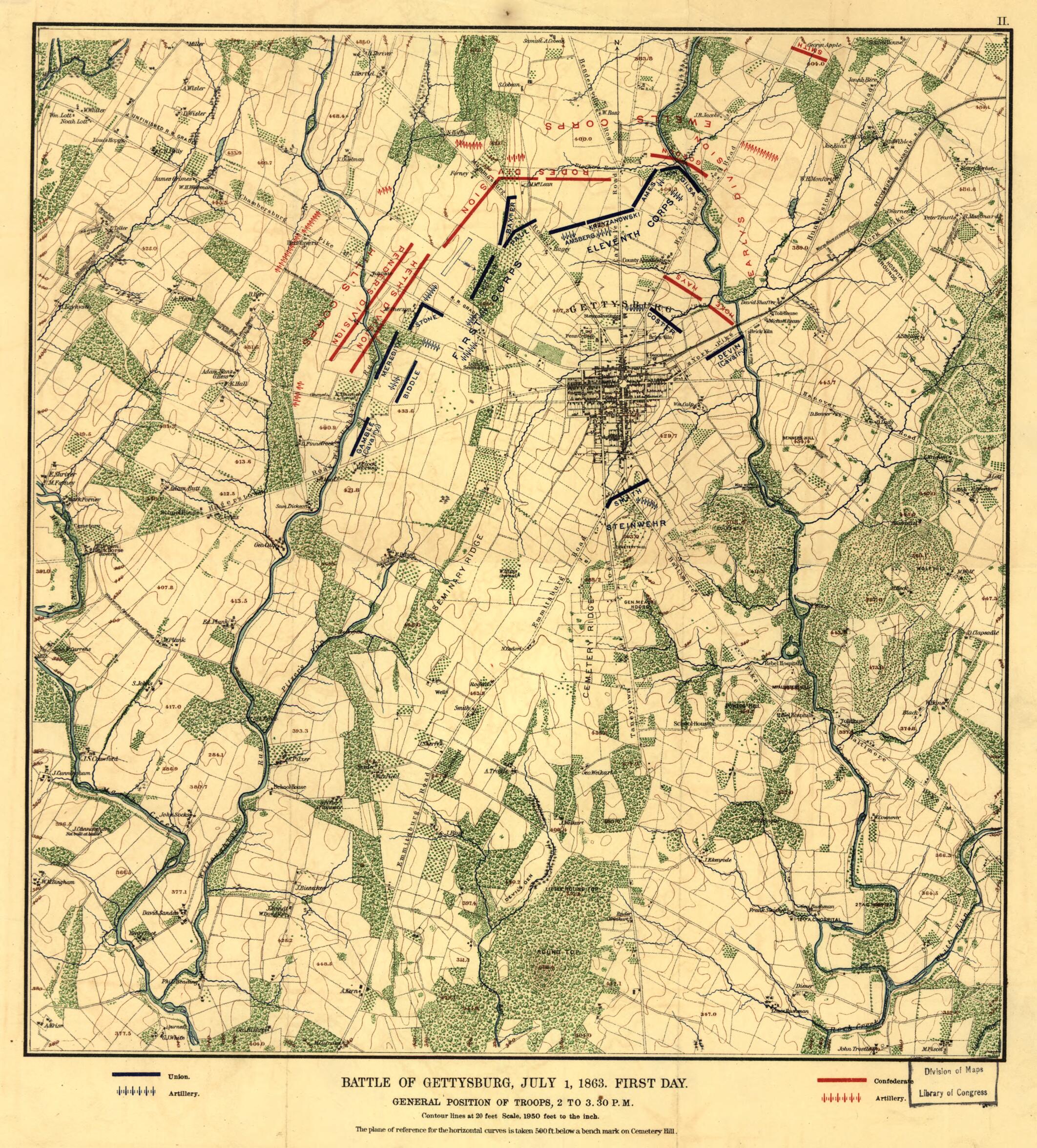 This old map of Battle of Gettysburg, July 1, 1863. First Day. General Position of Troops, 2 to 3.30 P.m from 1900 was created by  in 1900