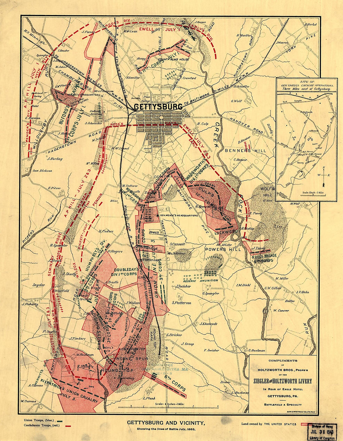 This old map of Gettysburg and Vicinity, Showing the Lines of Battle, July, from 1863 was created by  Burk &amp; McFetridge in 1863