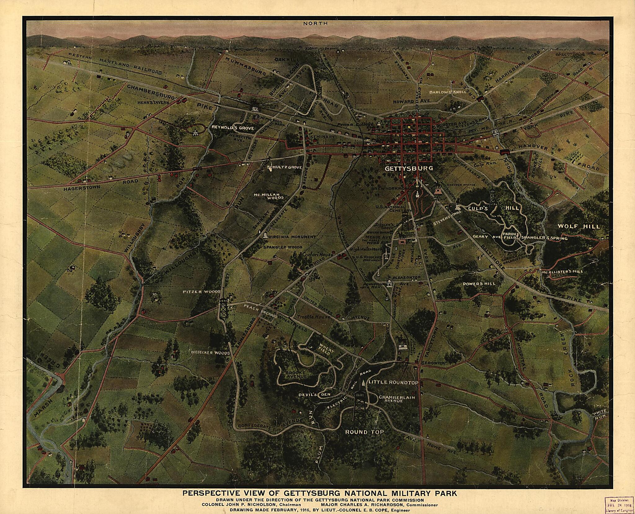 This old map of Perspective View of Gettysburg National Military Park from 1916 was created by Emmor B. Cope in 1916
