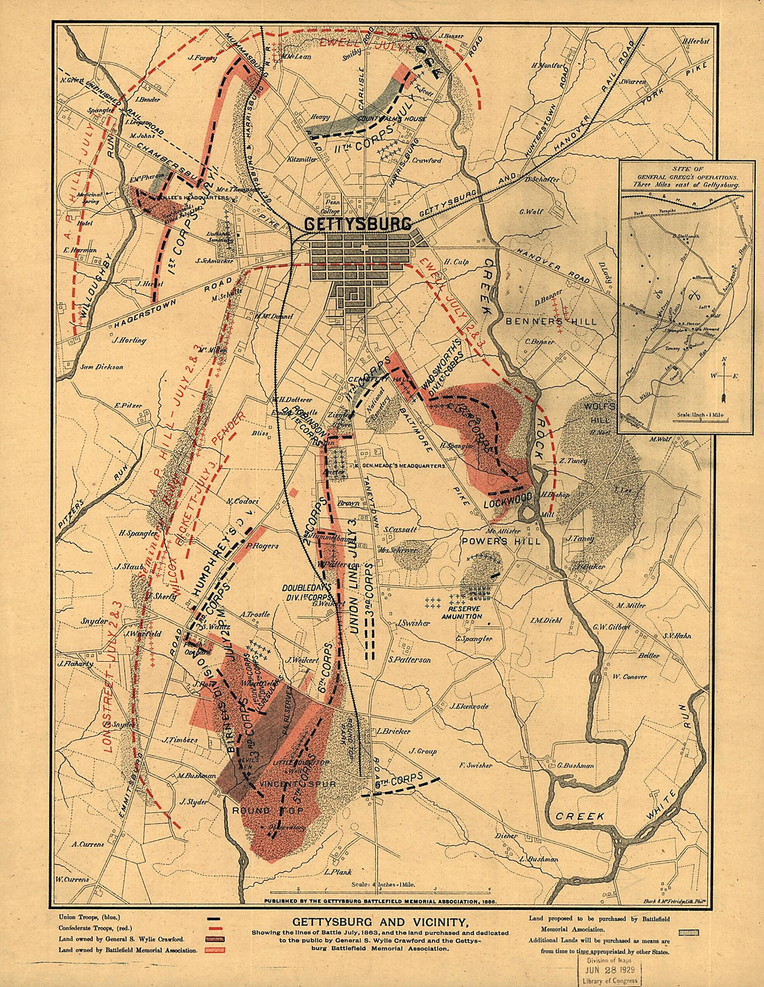This old map of Gettysburg and Vicinity, Showing the Lines of Battle July, from 1863, and the Land Purchased and Dedicated to the Public by General S. Wylie Crawford and the Gettysburg Battlefield Memorial Association was created by  Gettysburg Battlefie