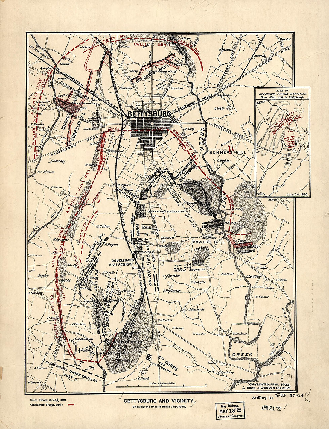 This old map of Gettysburg and Vicinity, Showing the Lines of Battle, July, from 1863 was created by J. Warren Gilbert in 1863