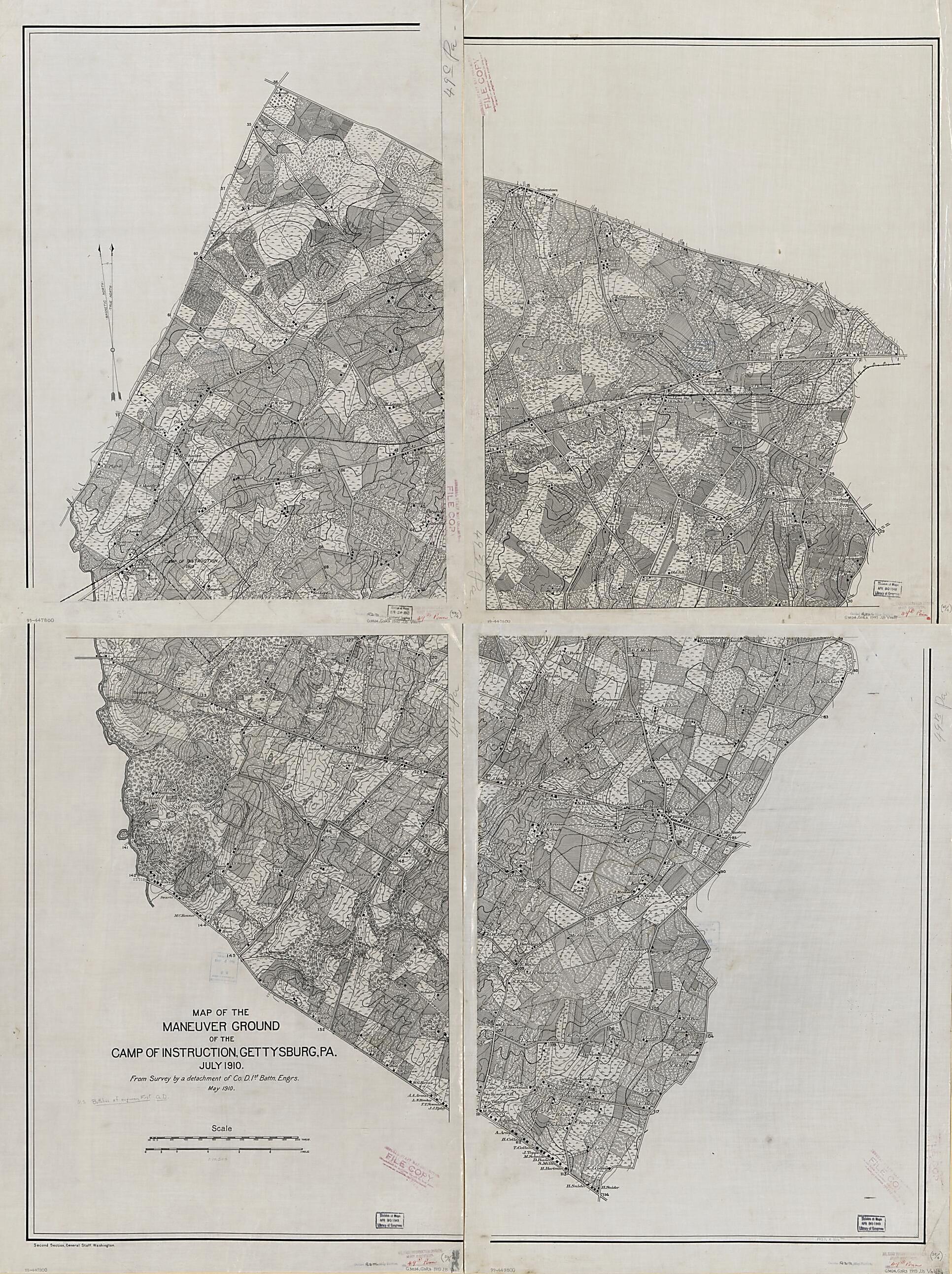 This old map of Map of the Maneuver Ground of the Camp of Instruction, Gettysburg, Pennsylvania : July from 1910 was created by 1st. Company D. United States. Army. Engineer Battalion,  United States. Department of the Army. General Staff. Second Section