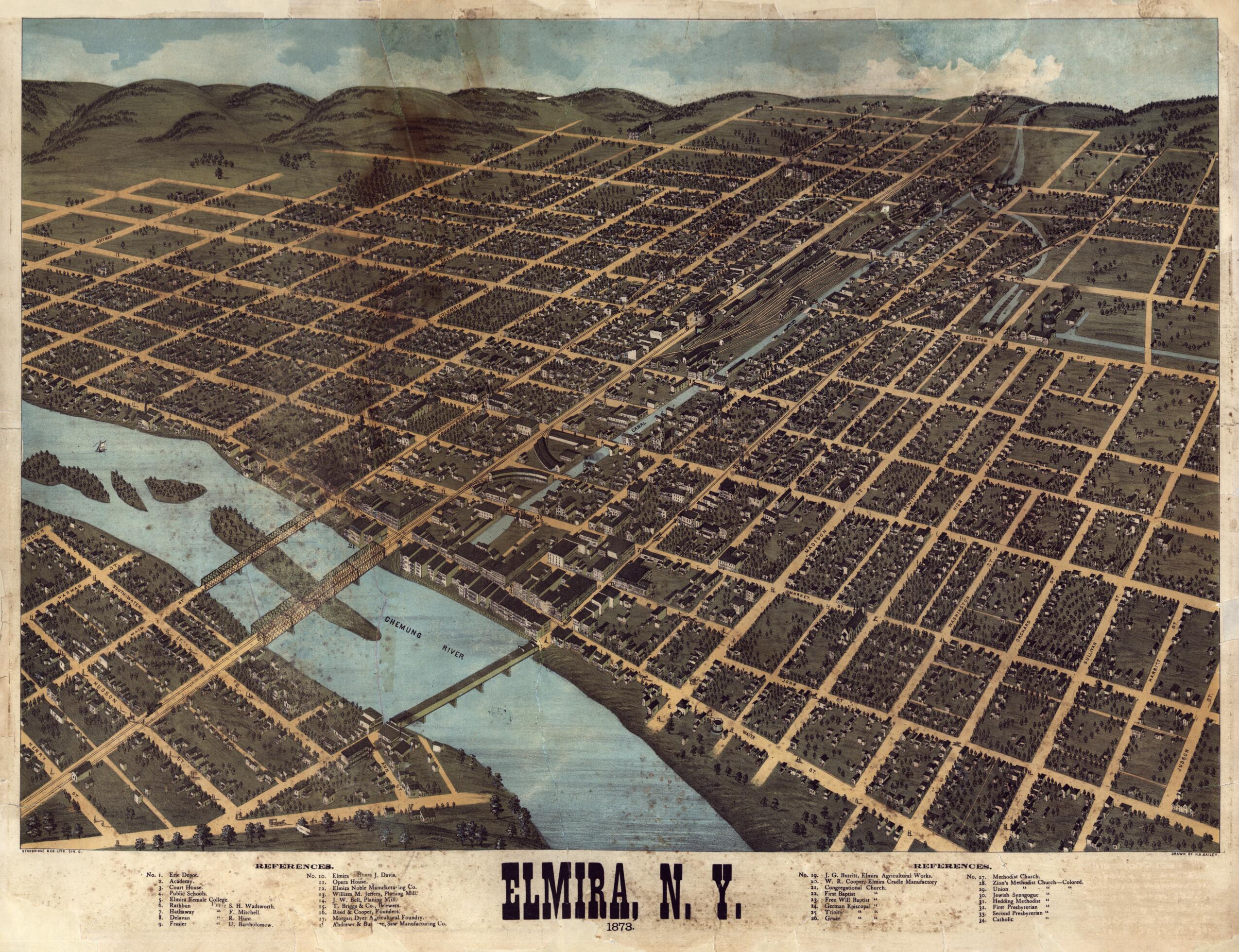 This old map of Elmira, New York : from 1873 was created by H. H. (Howard Heston) Bailey,  Strobridge &amp; Co. Lith in 1873