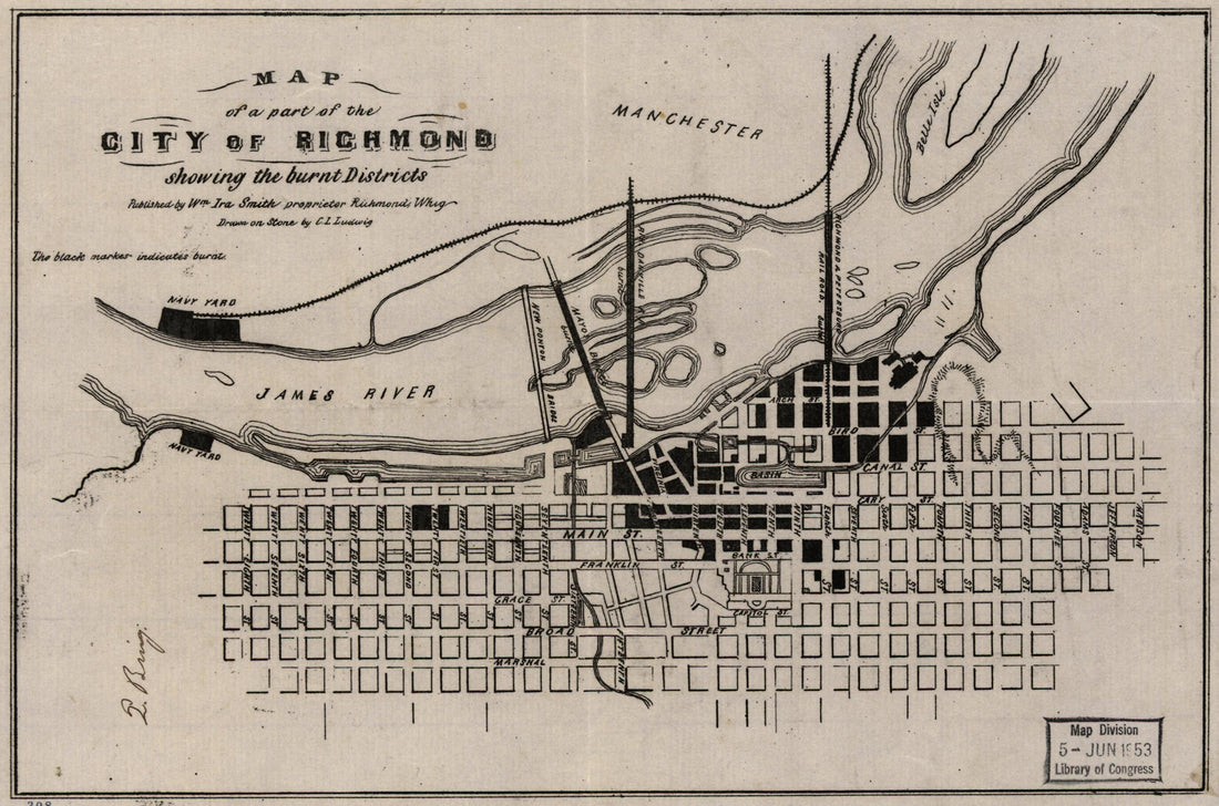 This old map of Map of a Part of the City of Richmond Showing the Burnt Districts from 1865 was created by William Ira Smith in 1865