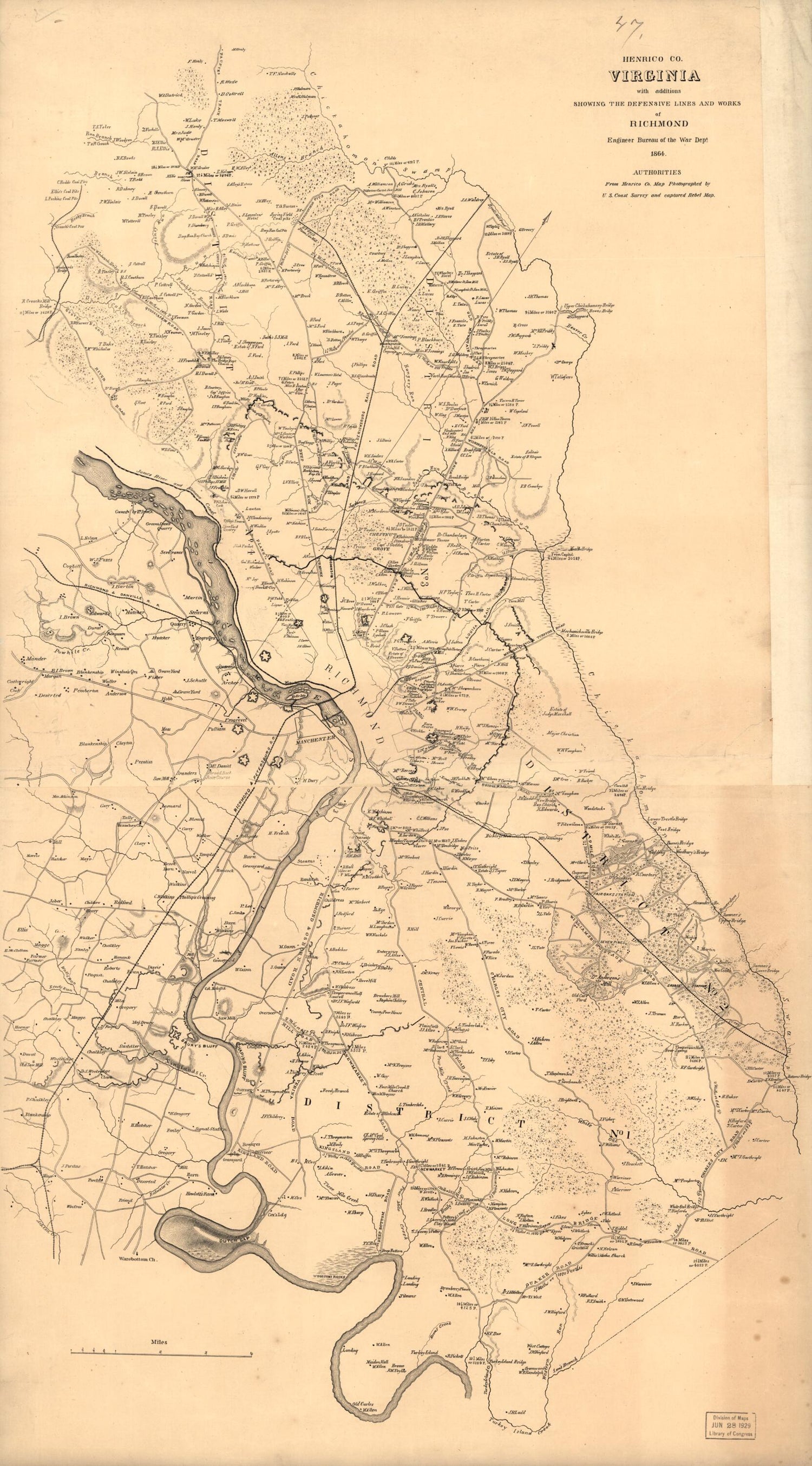 This old map of Henrico, Co., Virginia, With Additions Showing the Defensive Lines and Works of Richmond from 1864 was created by  United States. Army. Corps of Engineers in 1864