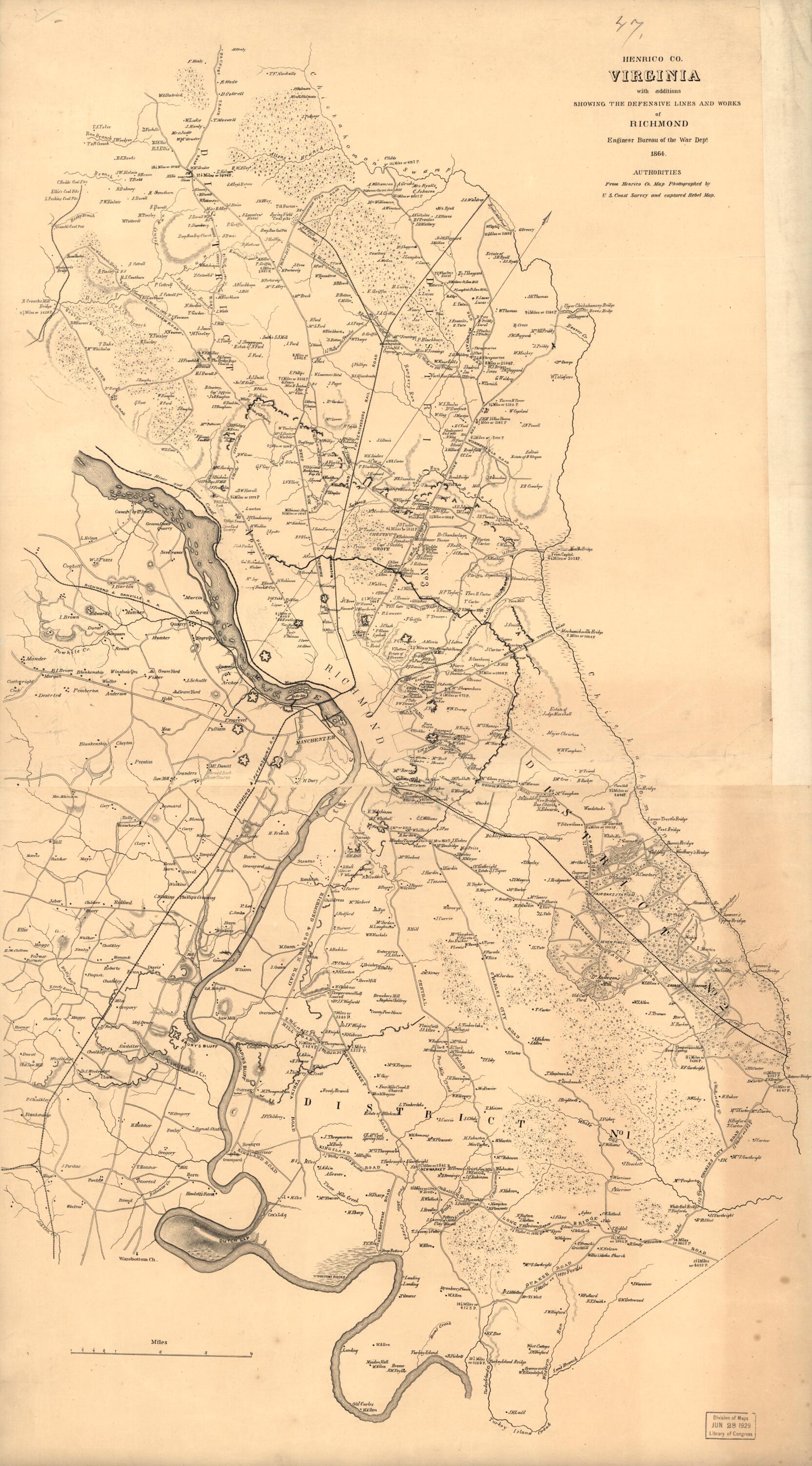 This old map of Henrico, Co., Virginia, With Additions Showing the Defensive Lines and Works of Richmond from 1864 was created by  United States. Army. Corps of Engineers in 1864