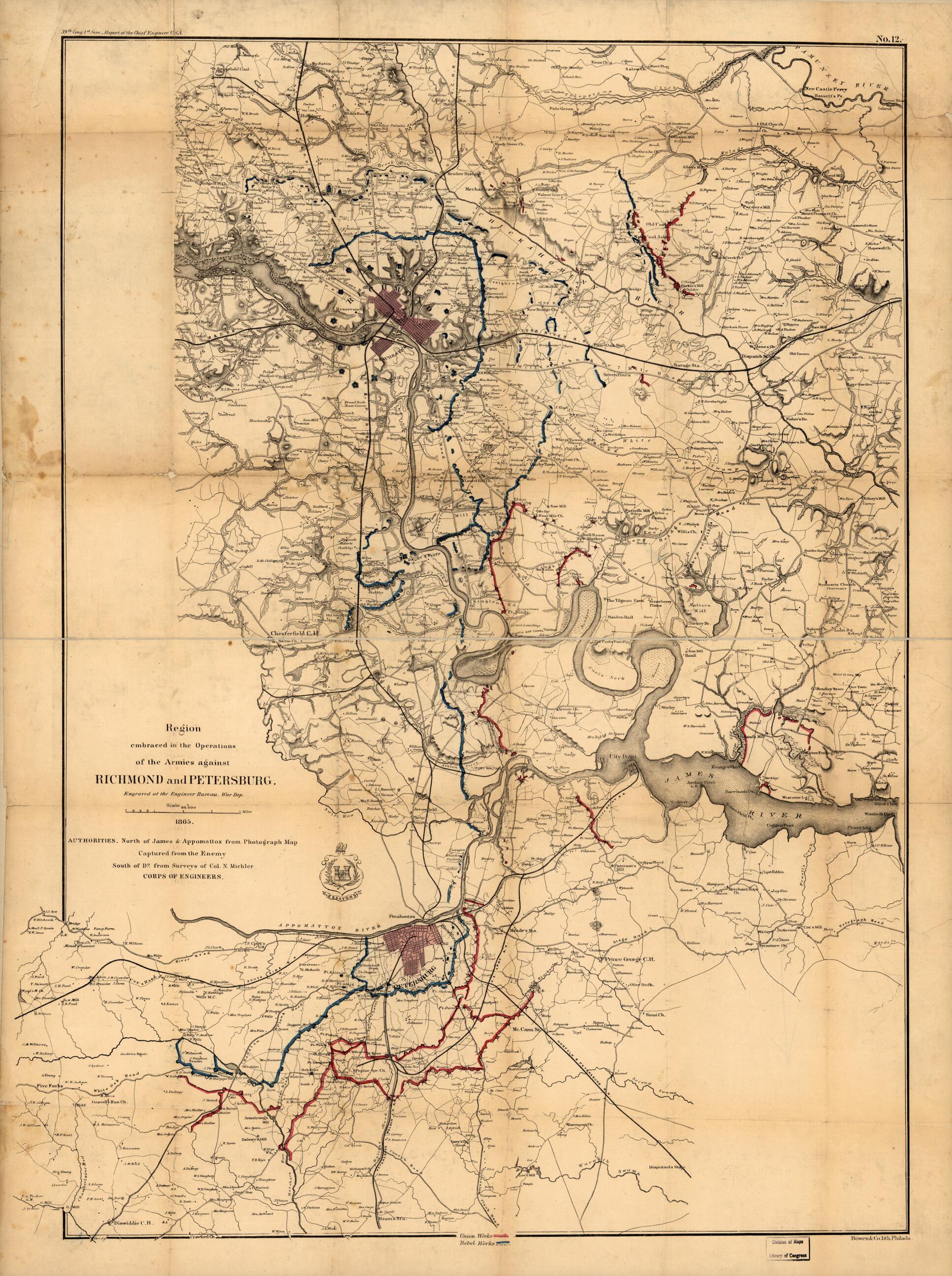 This old map of Region Embraced In the Operations of the Armies Against Richmond and Petersburg from 1865 was created by N. (Nathaniel) Michler,  United States. Army. Corps of Engineers in 1865