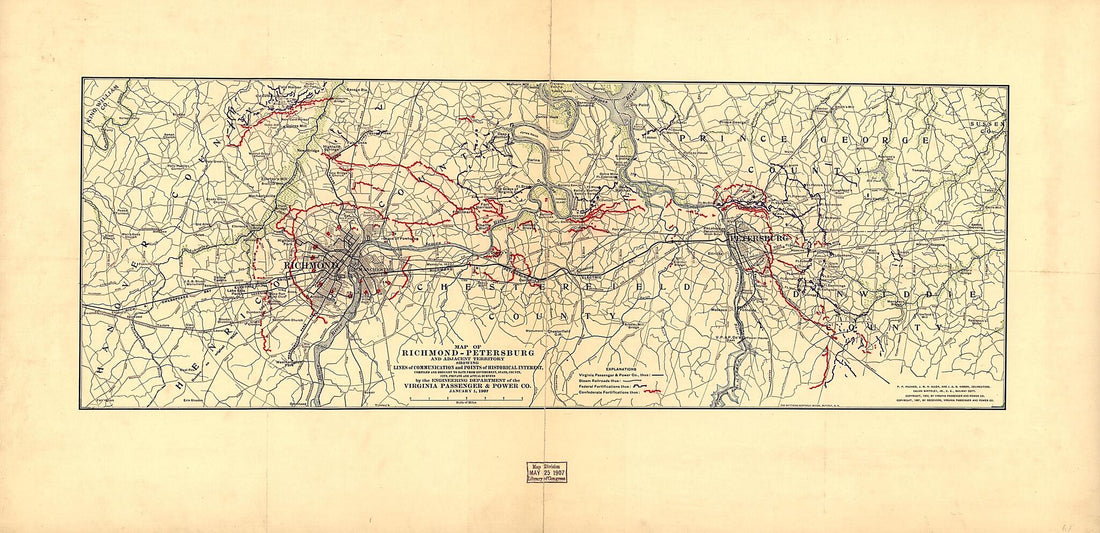 This old map of Petersburg and Adjacent Territory Showing Lines of Communication and Points of Historical Interest from 1907 was created by  Virginia Passenger and Power Company in 1907