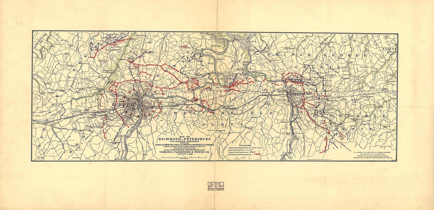 This old map of Petersburg and Adjacent Territory Showing Lines of Communication and Points of Historical Interest from 1907 was created by  Virginia Passenger and Power Company in 1907