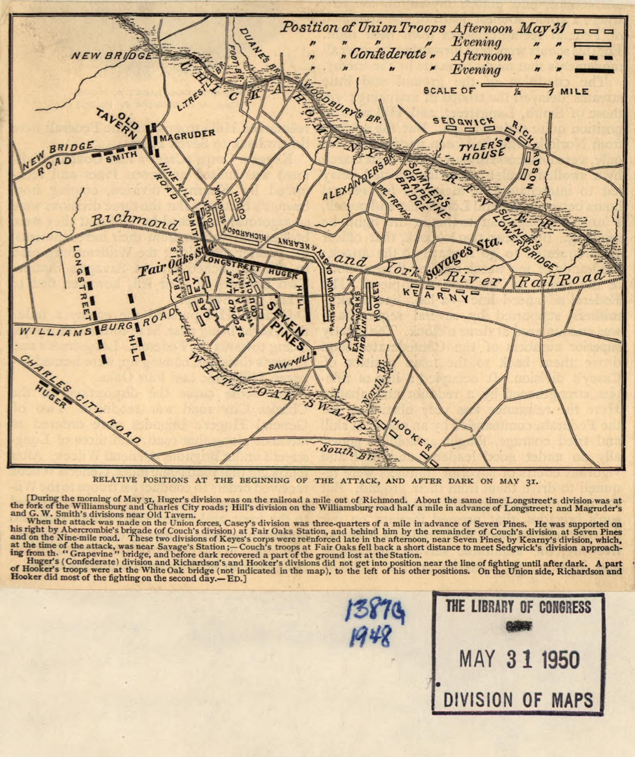 This old map of Map of the Battle of Seven Pines Relative Positions at the Beginning of the Attack, and After Dark On May 31 from 1862 was created by  in 1862