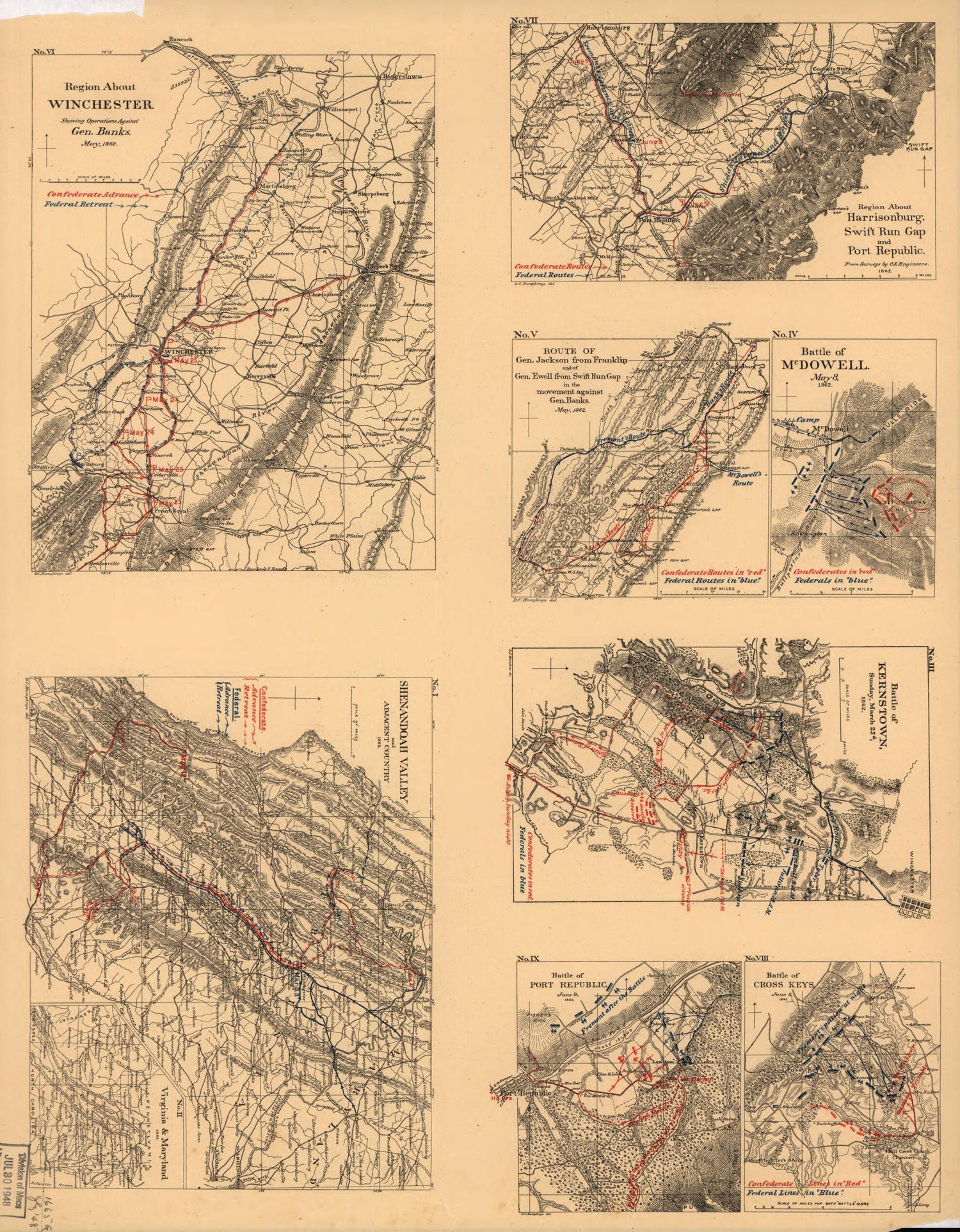 This old map of Maps Illustrating Campaign of Gen. T. J. (Stonewall) Jackson In the Shenandoah Valley of Virginia. 1862 from 1880 was created by Jedediah Hotchkiss, D. C. Humphreys,  J.B. Lippincott &amp; Co in 1880