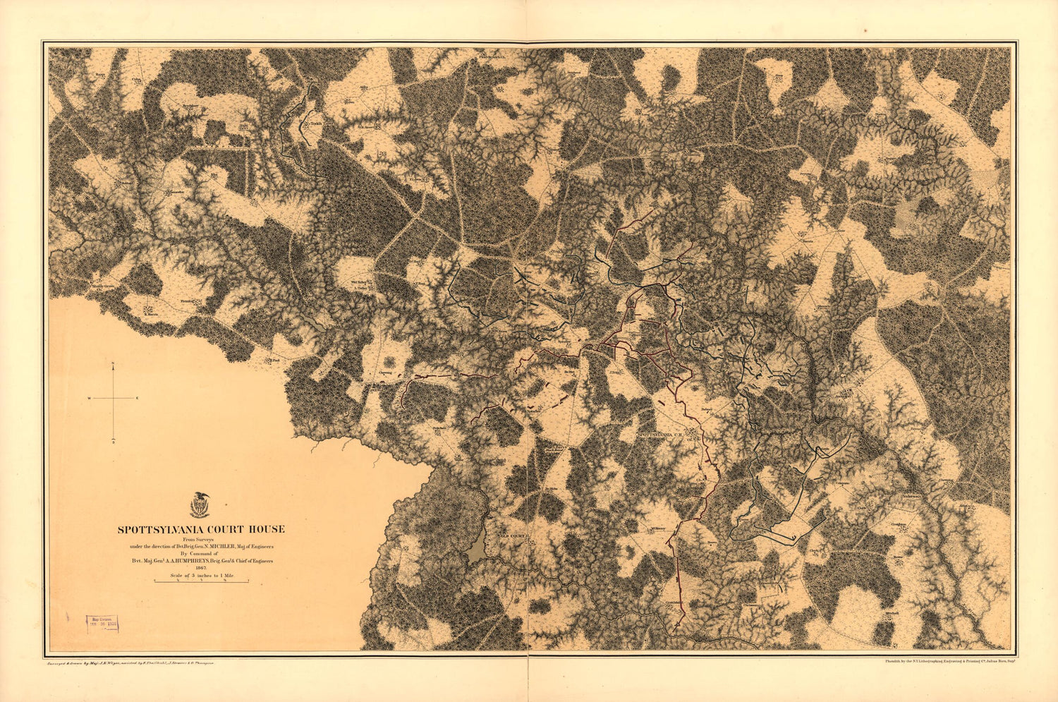 This old map of Spottsylvania sic Court House from 1867 was created by N. (Nathaniel) Michler in 1867