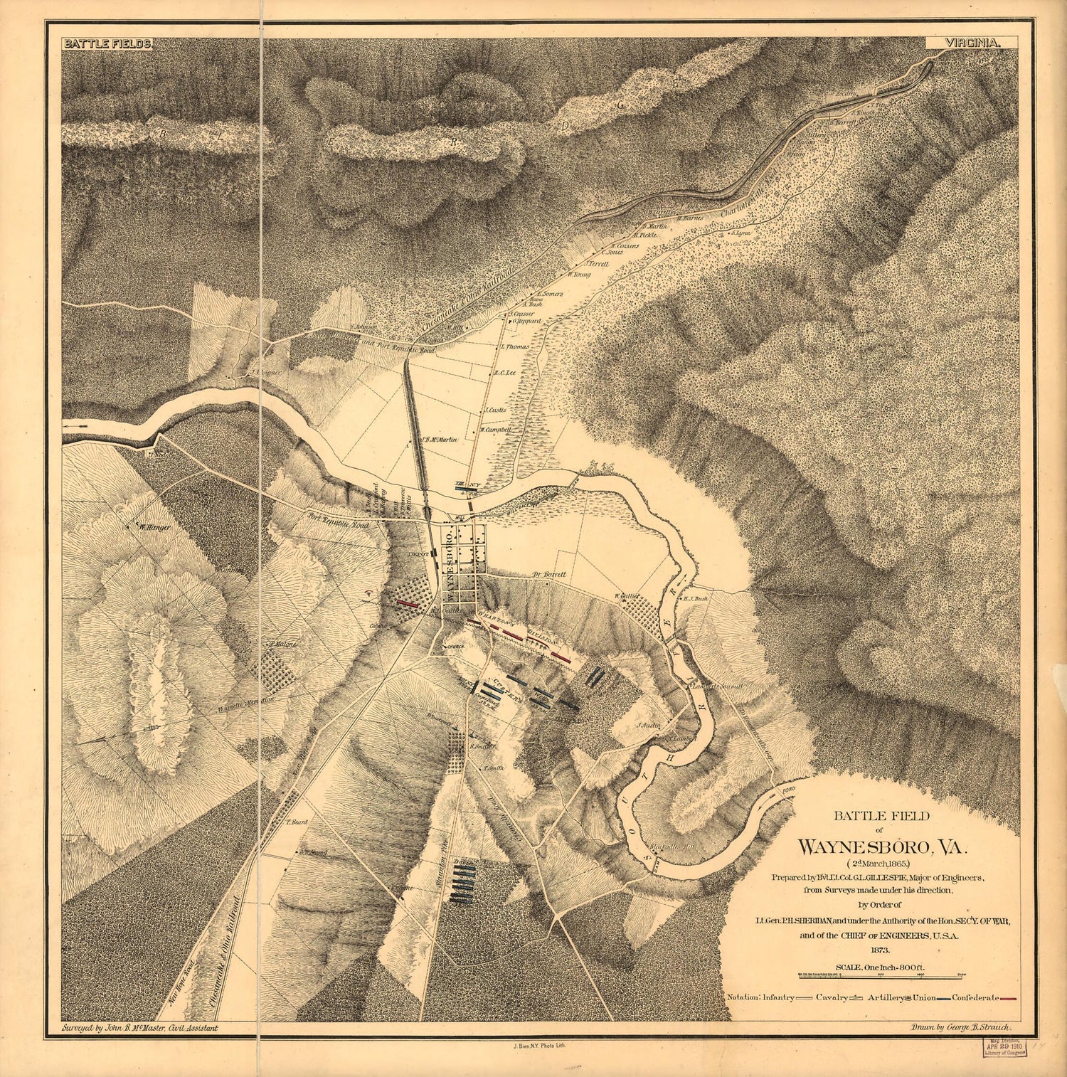 This old map of Battle Field of Waynesboro, Va. (2d March, 1865) from 1873 was created by Geo. B. Strauch in 1873