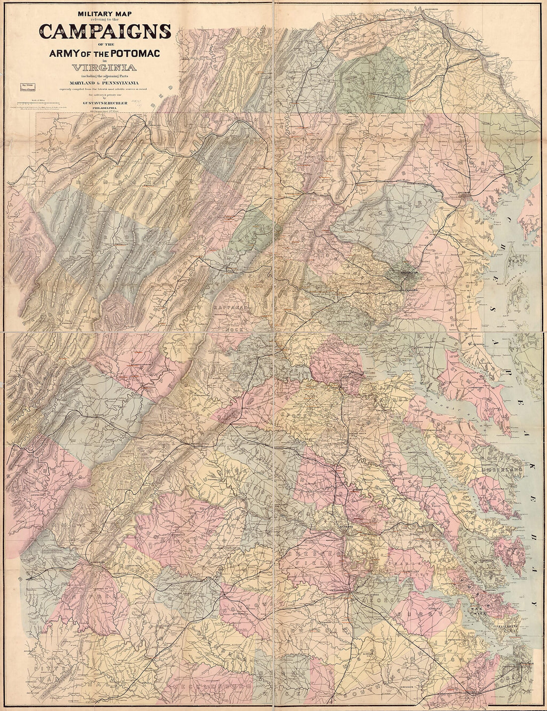 This old map of Military Map Refering sic to the Campaigns of the Army of the Potomac In Virginia, Including the Adjoining Parts of Maryland &amp; Pennsylvania from 1864 was created by Gustavus R. Bechler in 1864