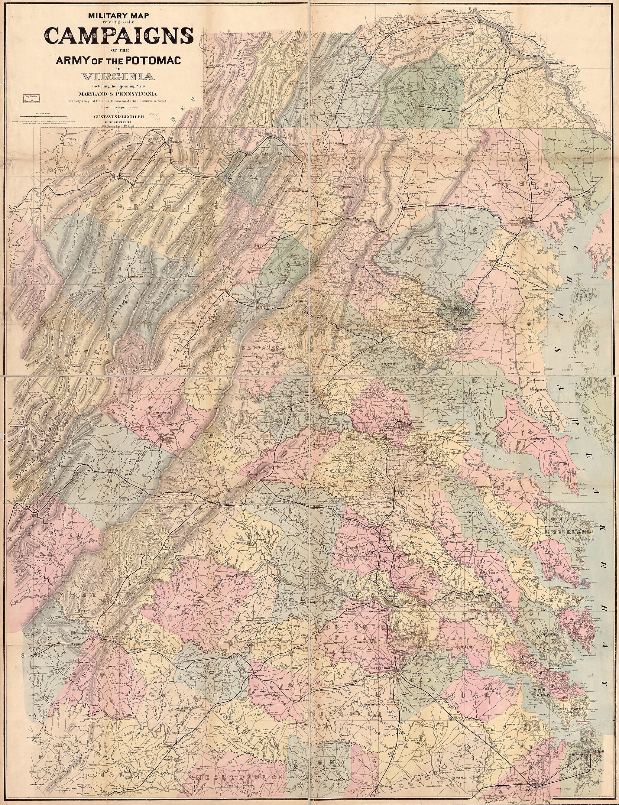 This old map of Military Map Refering sic to the Campaigns of the Army of the Potomac In Virginia, Including the Adjoining Parts of Maryland &amp; Pennsylvania from 1864 was created by Gustavus R. Bechler in 1864