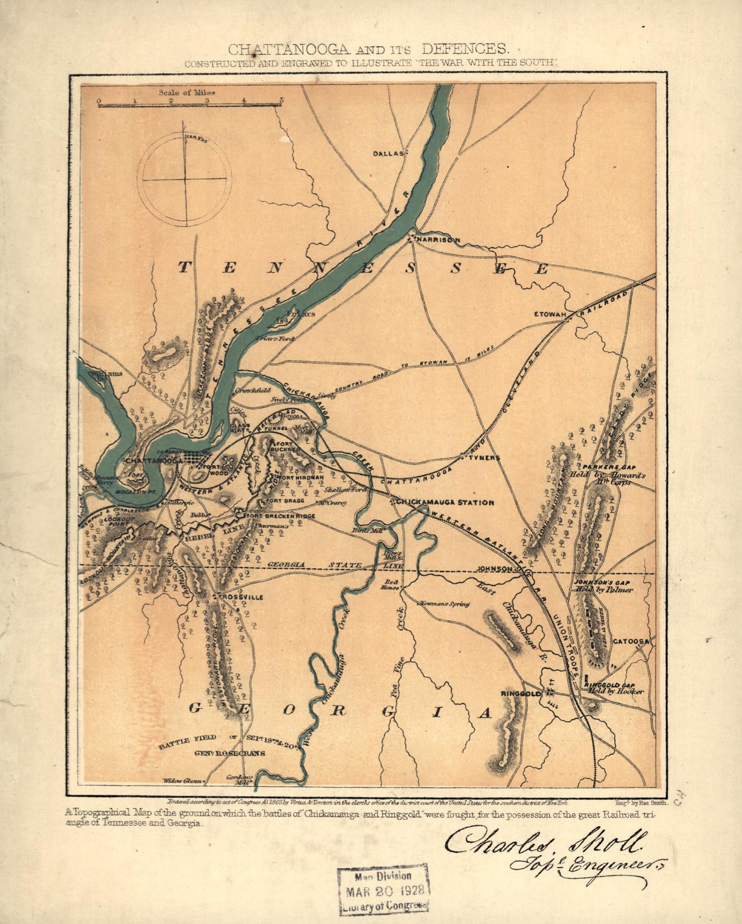 This old map of Chattanooga and Its Defences from 1865 was created by Charles Sholl in 1865