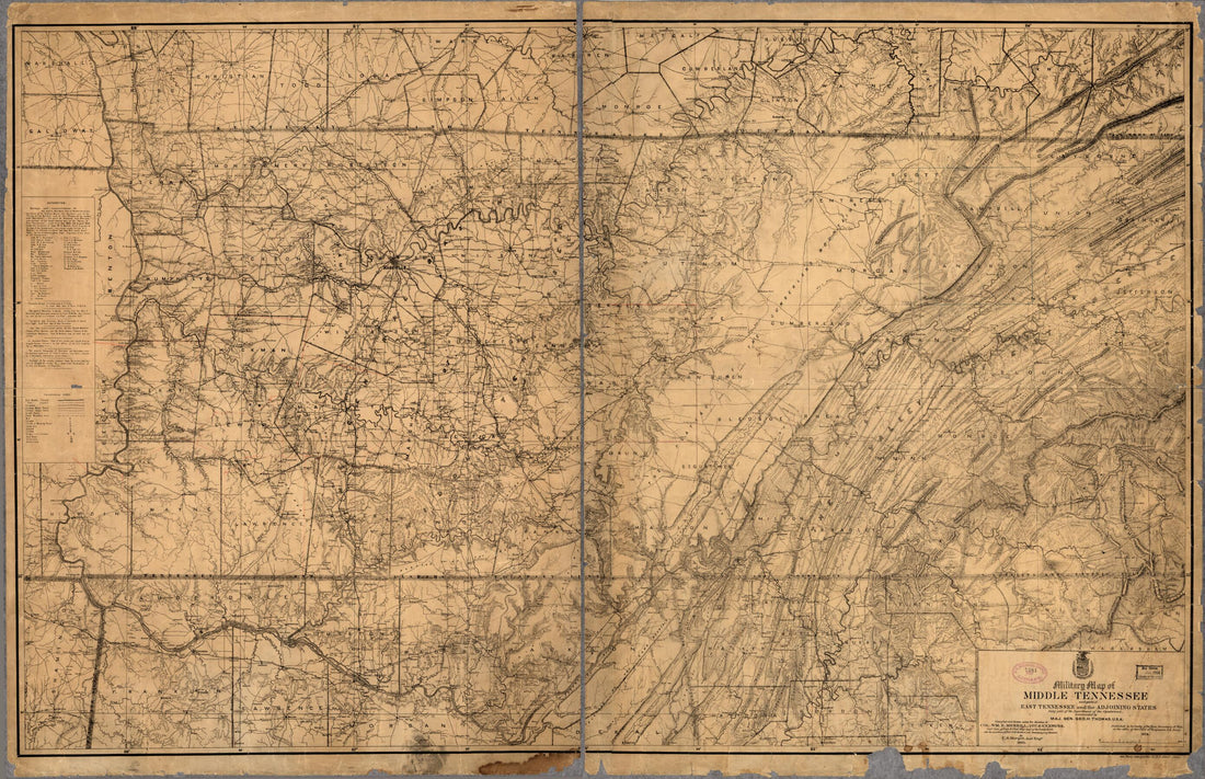 This old map of Military Map of Middle Tennessee and Parts of East Tennessee and the Adjoining States, Being Part of the Department of the Cumberland, Commanded by Maj. Gen. Geo. H. Thomas, U.S.A from 1874 was created by C. S Mergell in 1874