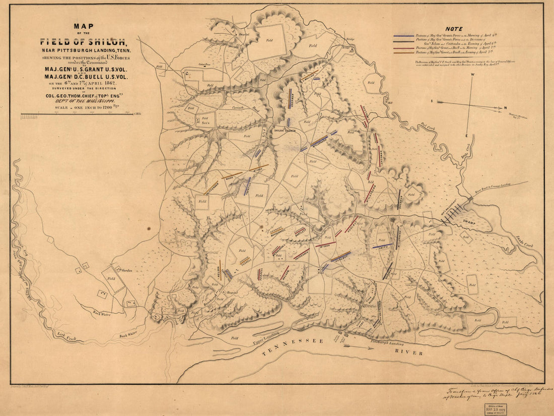 This old map of Map of the Field of Shiloh, Near Pittsburgh Landing, Tennessee, Shewing the Positions of the U.S. Forces Under the Command of Maj. Genl. U. S. Grant, U.S. Vol. and Maj. Genl. D. C. Buell, U.S. Vol. On the 6th and 7th of April from 1862 wa