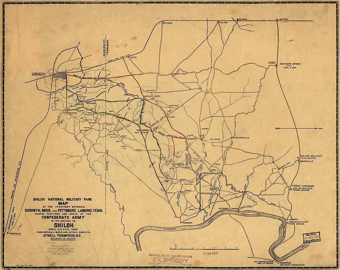 This old map of Map of the Territory Between Corinth, Mississippi and Pittsburgh Landing, Tennessee Showing Positions and Route of the Confederate Army In Its Advance to Shiloh, April 3, 4, 5 &amp; 6, 1862 from 1901 was created by Atwell Thompson in 1901