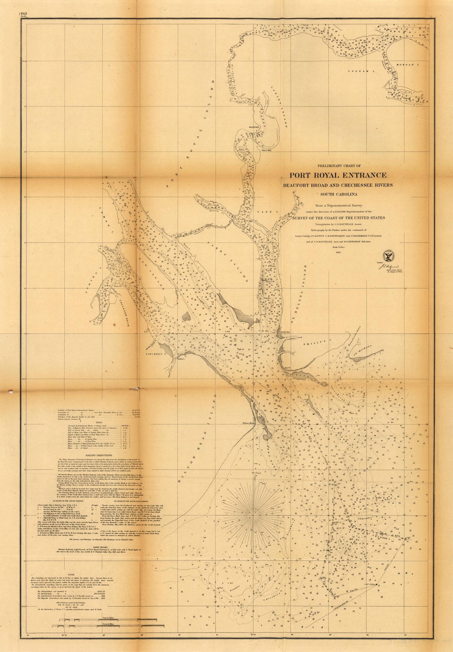 This old map of Preliminary Chart of Port Royal Entrance, Beaufort, Broad and Chechessee Rivers, South Carolina from 1862 was created by  United States Coast Survey in 1862