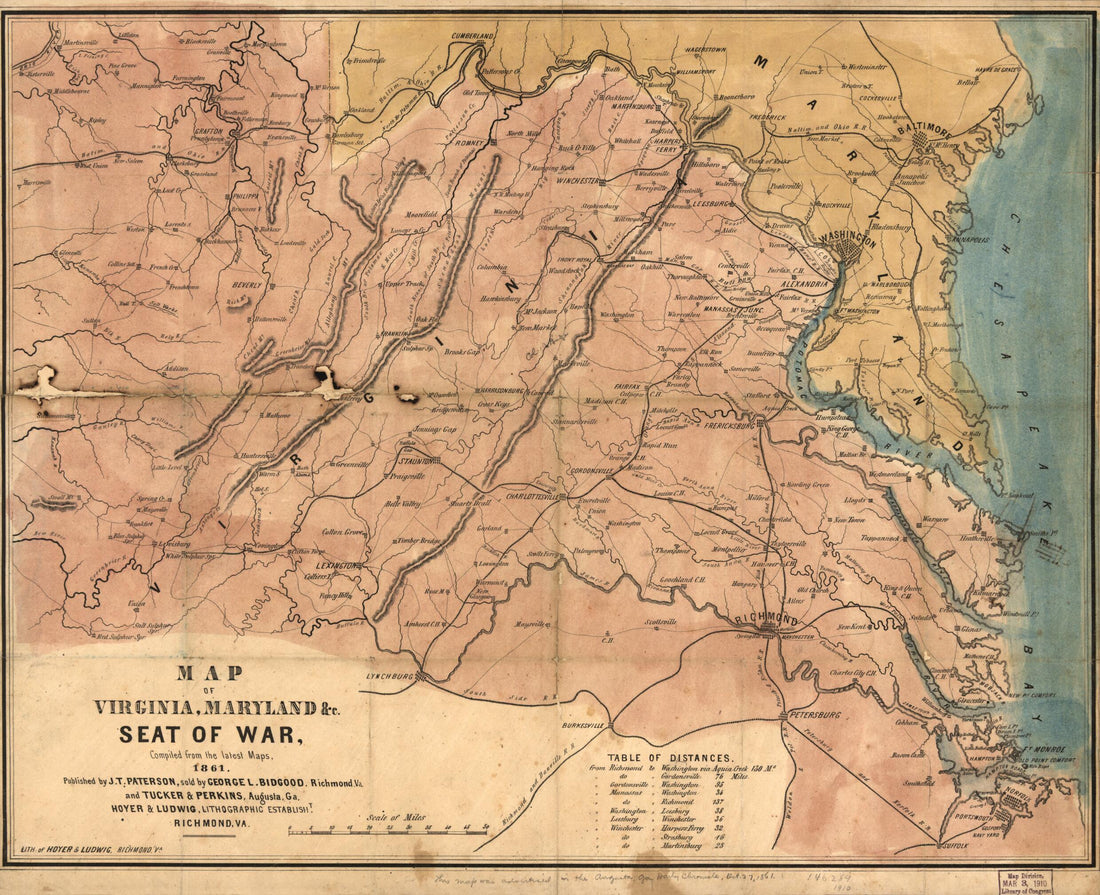 This old map of Map of Virginia, Maryland &amp;c., Seat of War, Compiled from the Latest Maps, from 1861 was created by J. T. Paterson in 1861