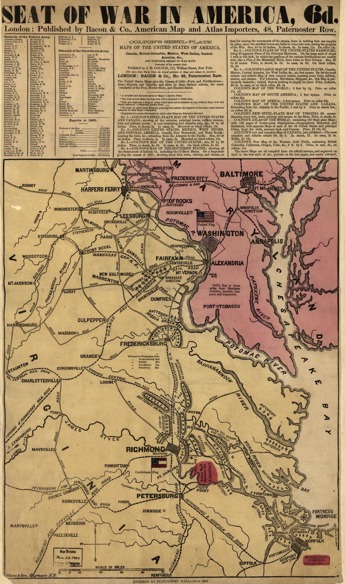 This old map of Seat of War In America, 6d from 1862 was created by  Bacon &amp; Co in 1862