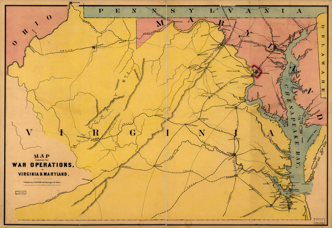 This old map of Map Showing the War Operations, In Virginia &amp; Maryland from 1861 was created by John Henry Bufford in 1861