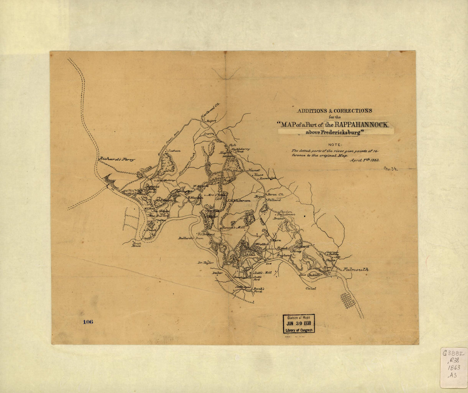 This old map of Additions &amp; Corrections for the Map of a Part of the Rappahannock Above Fredericksburg from 1863 was created by William H. Paine in 1863