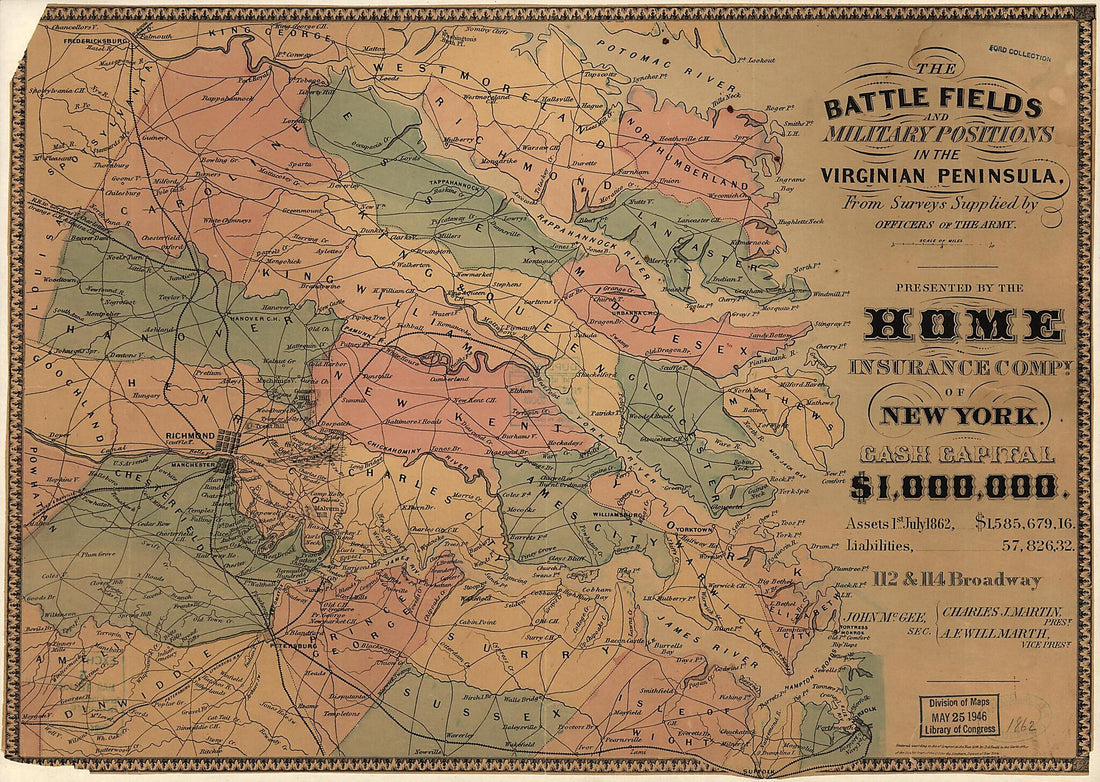 This old map of The Battle Fields and Military Positions In the Virginian Peninsula, from Surveys Supplied by Officers of the Army from 1862 was created by D. A. (Daniel Addison) Heald in 1862