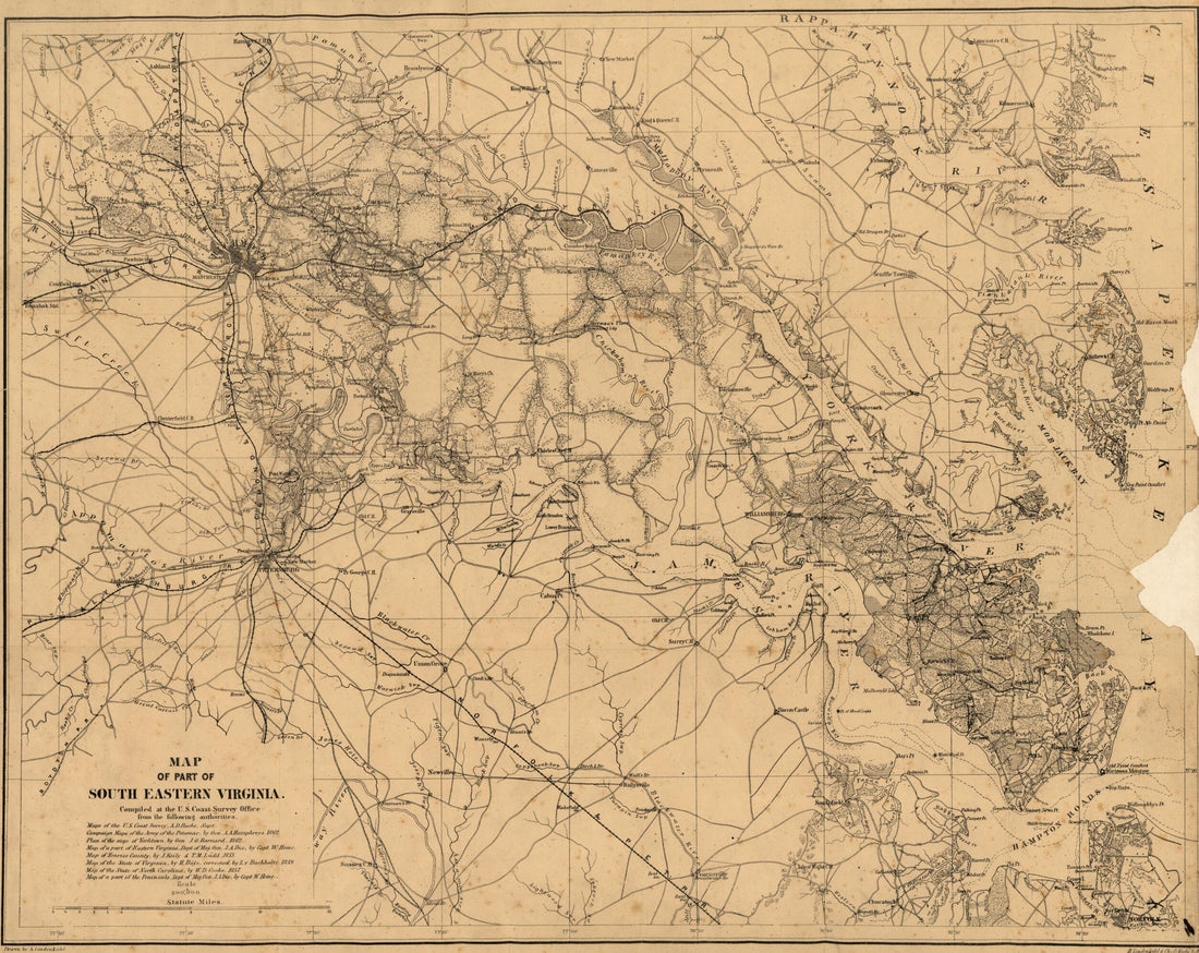 This old map of Map of Part of South Eastern Virginia from 1862 was created by A. Lindenkohl in 1862