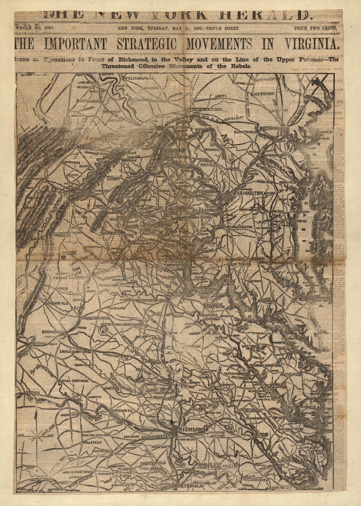This old map of The Threatened Offensive Movements of the Rebels from 1862 was created by  in 1862