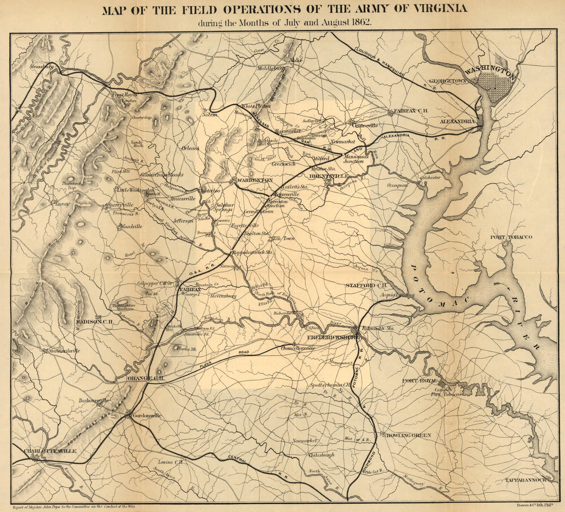 This old map of Map of the Field Operations of the Army of Virginia During the Months of July and August 1862 from 1866 was created by John Pope in 1866