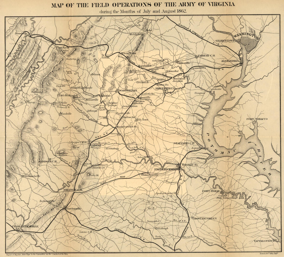 Map of the Field Operations of the Army of Virginia During the Months of July and August 1862 1866 by Relic Map Company