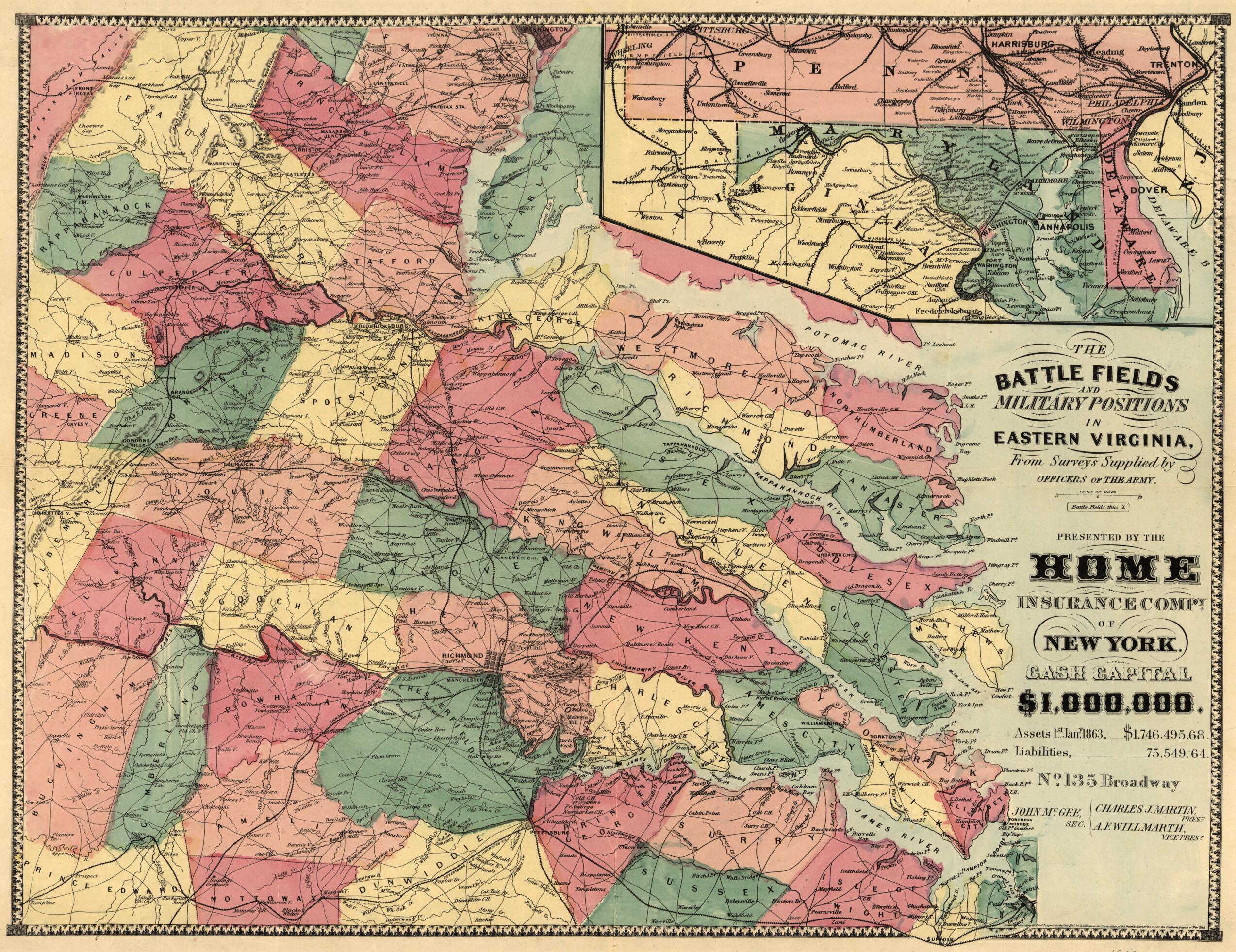 This old map of The Battle Fields and Military Positions In Eastern Virginia, from Surveys Supplied by Officers of the Army from 1863 was created by D. A. (Daniel Addison) Heald in 1863