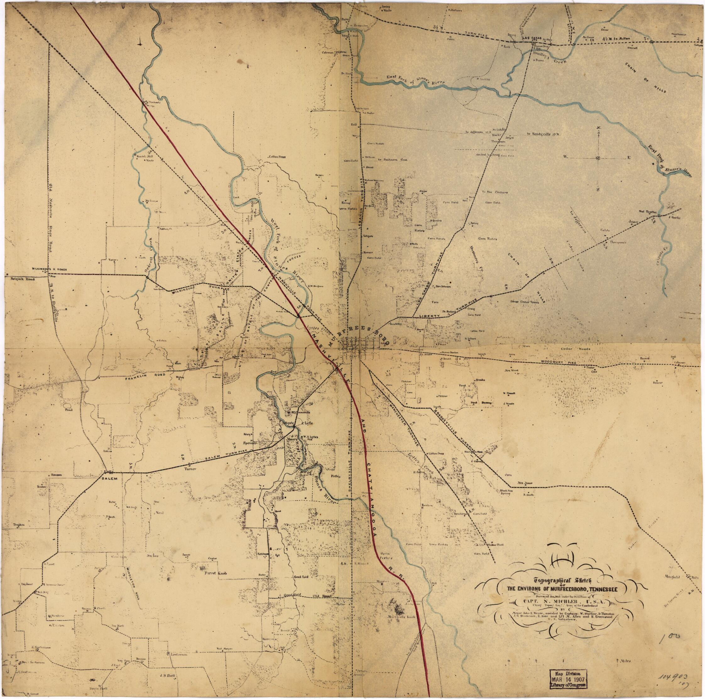 This old map of Topographical Sketch of the Environs of Murfreesboro, Tennessee. Surveyed Jan. from 1863 Under the Direction of Capt. N. Michler, U.S.A., Chief Topl. Engr., Army of the Cumberland, by Maj. John E. Weyss, Assisted by Captains: W. Starling,