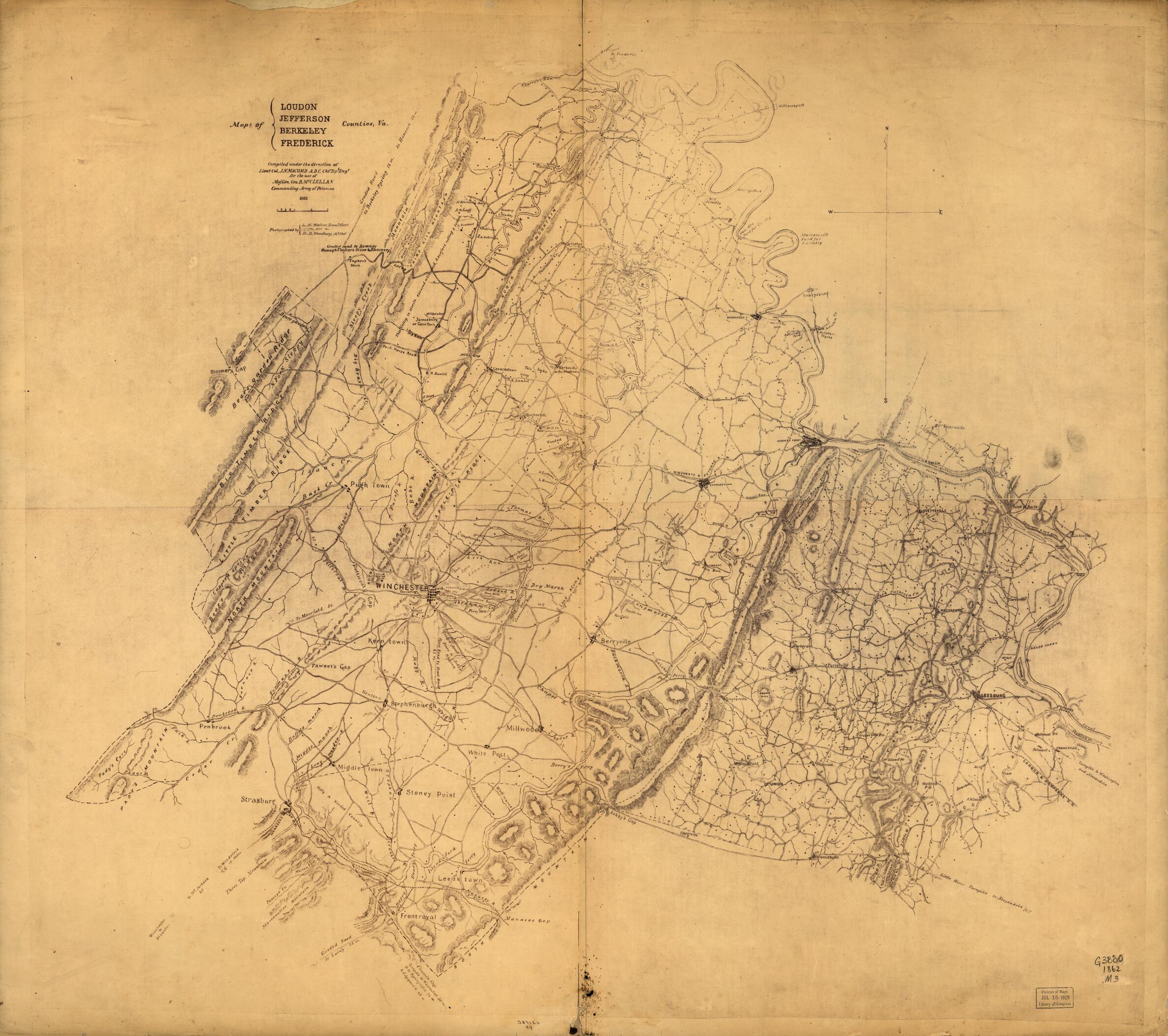 This old map of Map of Loudon sic, Jefferson, Berkeley, Frederick Counties, Va from 1862 was created by J. N. (John N.) Macomb in 1862