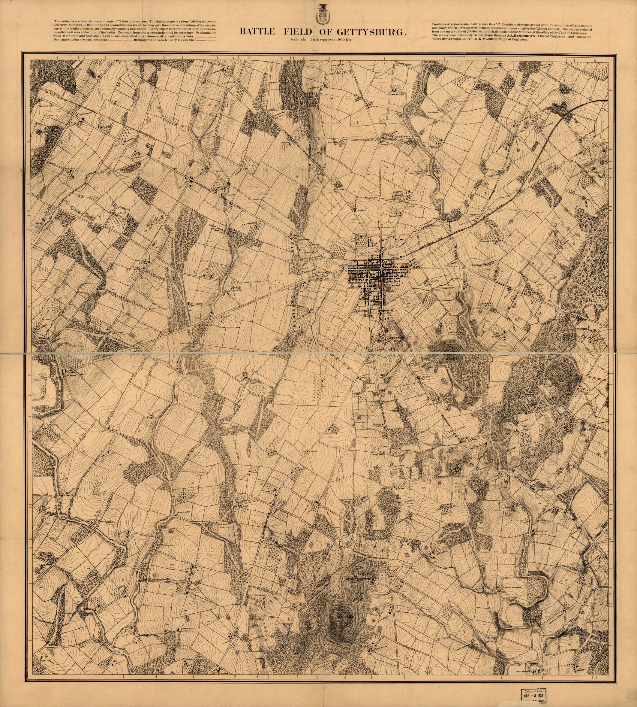 This old map of Battle Field of Gettysburg from 1870 was created by G. K. (Gouverneur Kemble) Warren in 1870