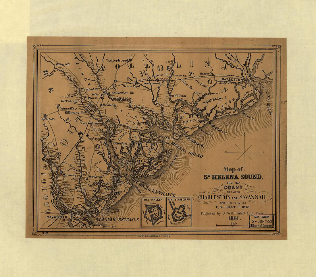 This old map of Map of St. Helena Sound, and the Coast Between Charleston and Savannah from 1861 was created by  A. Williams &amp; Co in 1861