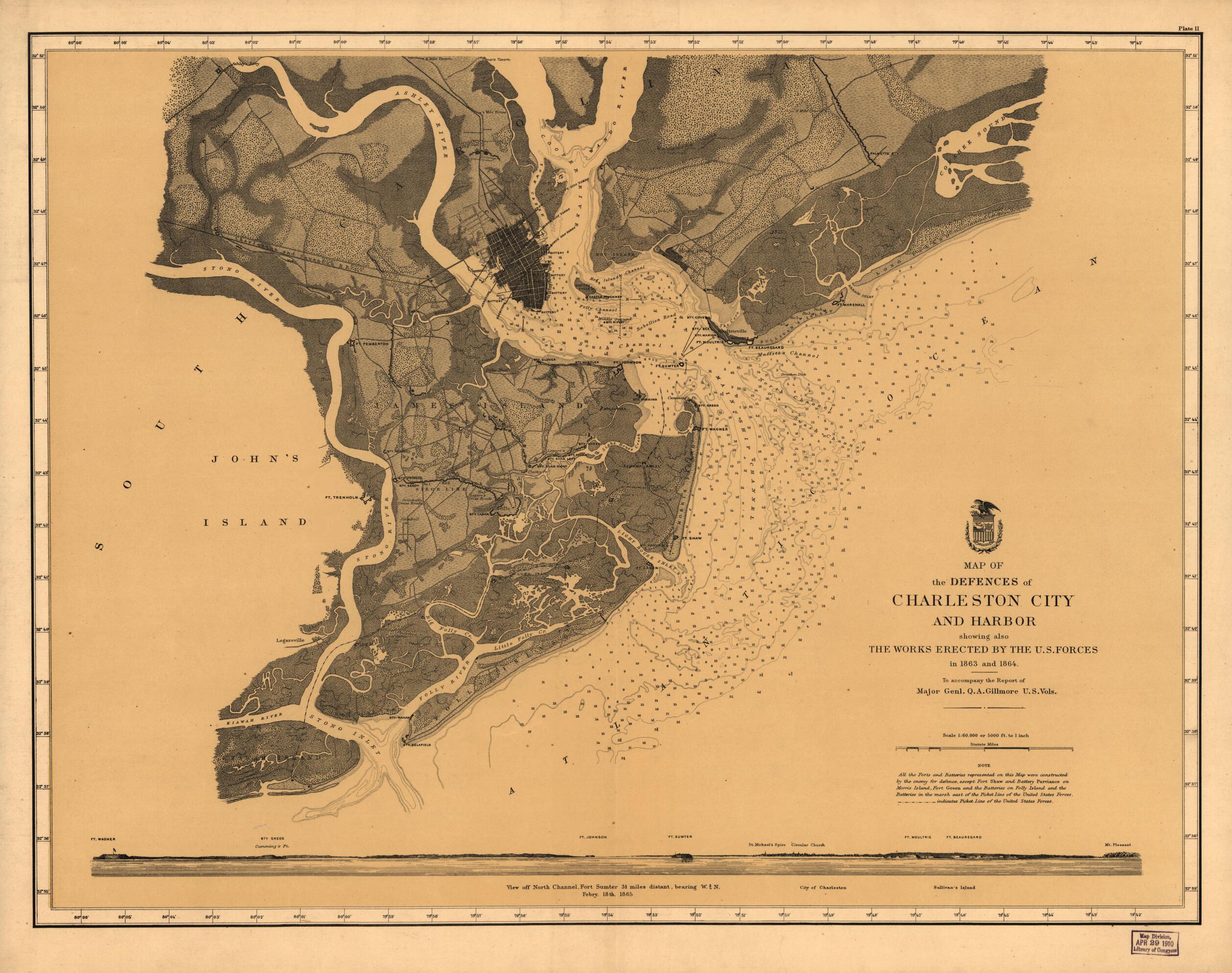 This old map of Map of the Defences of Charleston City and Harbor, Showing Also the Works Erected by the U.S. Forces In 1863 and 1864 from 1860 was created by  United States. Army. Corps of Engineers in 1860