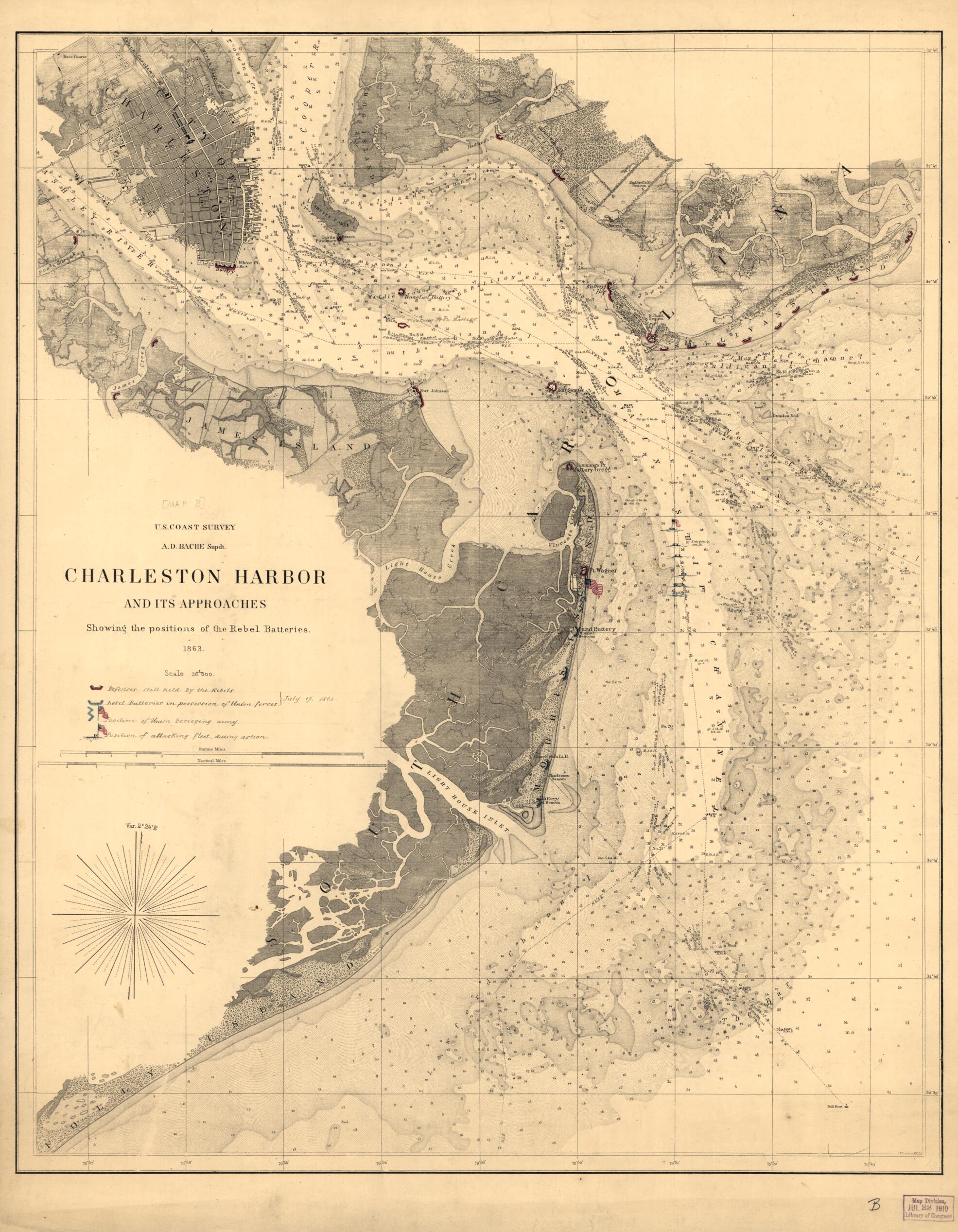 This old map of Charleston Harbor and Its Approaches Showing the Positions of the Rebel Batteries from 1863 was created by  United States Coast Survey in 1863